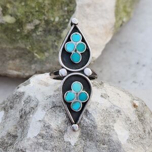 Vintage 60s 70s Zuni Snake Eyes turquoise inlay ring sz 4.25